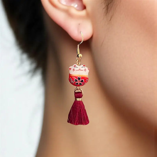 Boucles d'Oreilles Chat Chanceux Rouge