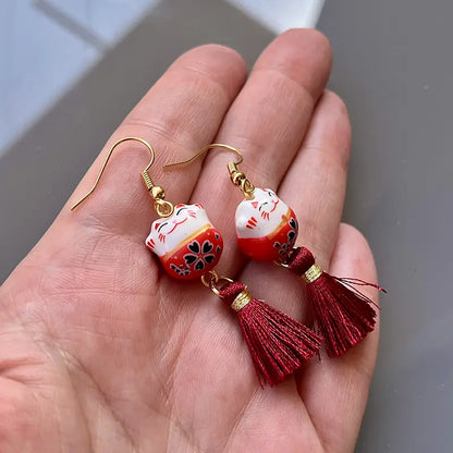 Boucles d'Oreilles Chat Chanceux Rouge