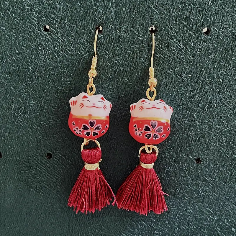 Boucles d'Oreilles Chat Chanceux Rouge