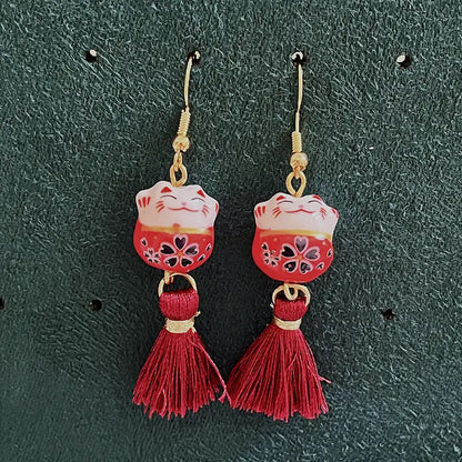 Boucles d'Oreilles Chat Chanceux Rouge