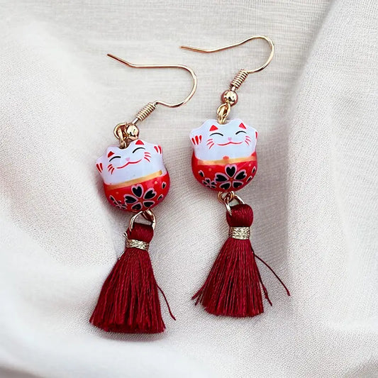 Boucles d'Oreilles Chat Chanceux Rouge