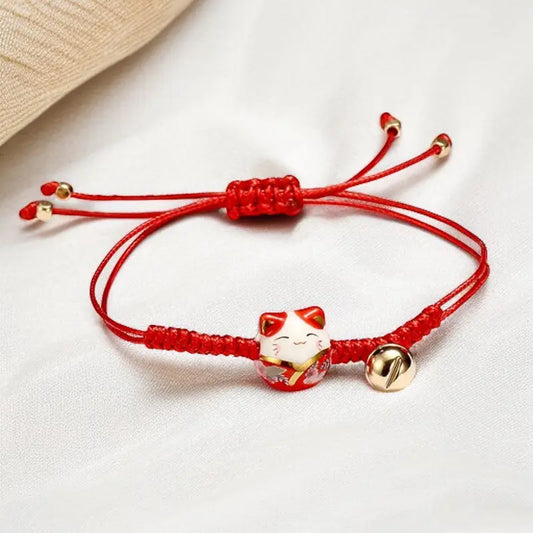Bracelet Chat Chanceux Minimaliste, Céramique et Nylon Tressé, Réglable 