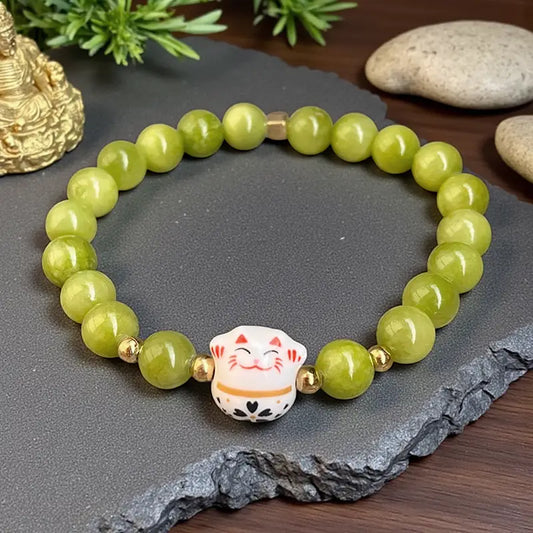 Bracelet Maneki Neko et Jade, Fait Main