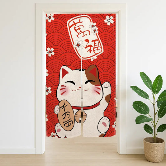 Noren Japonais Chat Chanceux, rideau de porte en tissu Maneki Neko